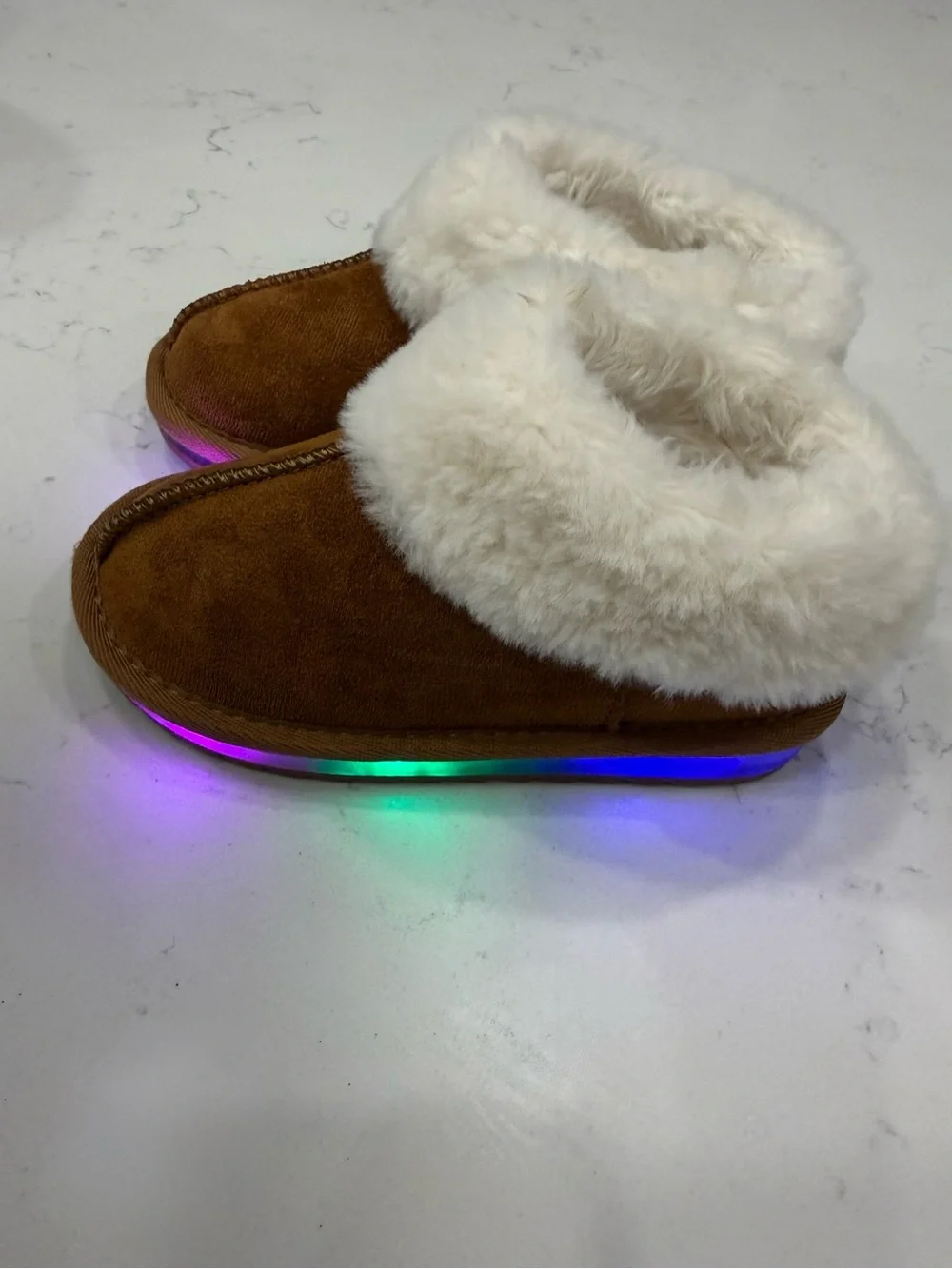 Kids Brown Faux-Suede Slipper with White Faux-Fur Collar and Light-Up Sole